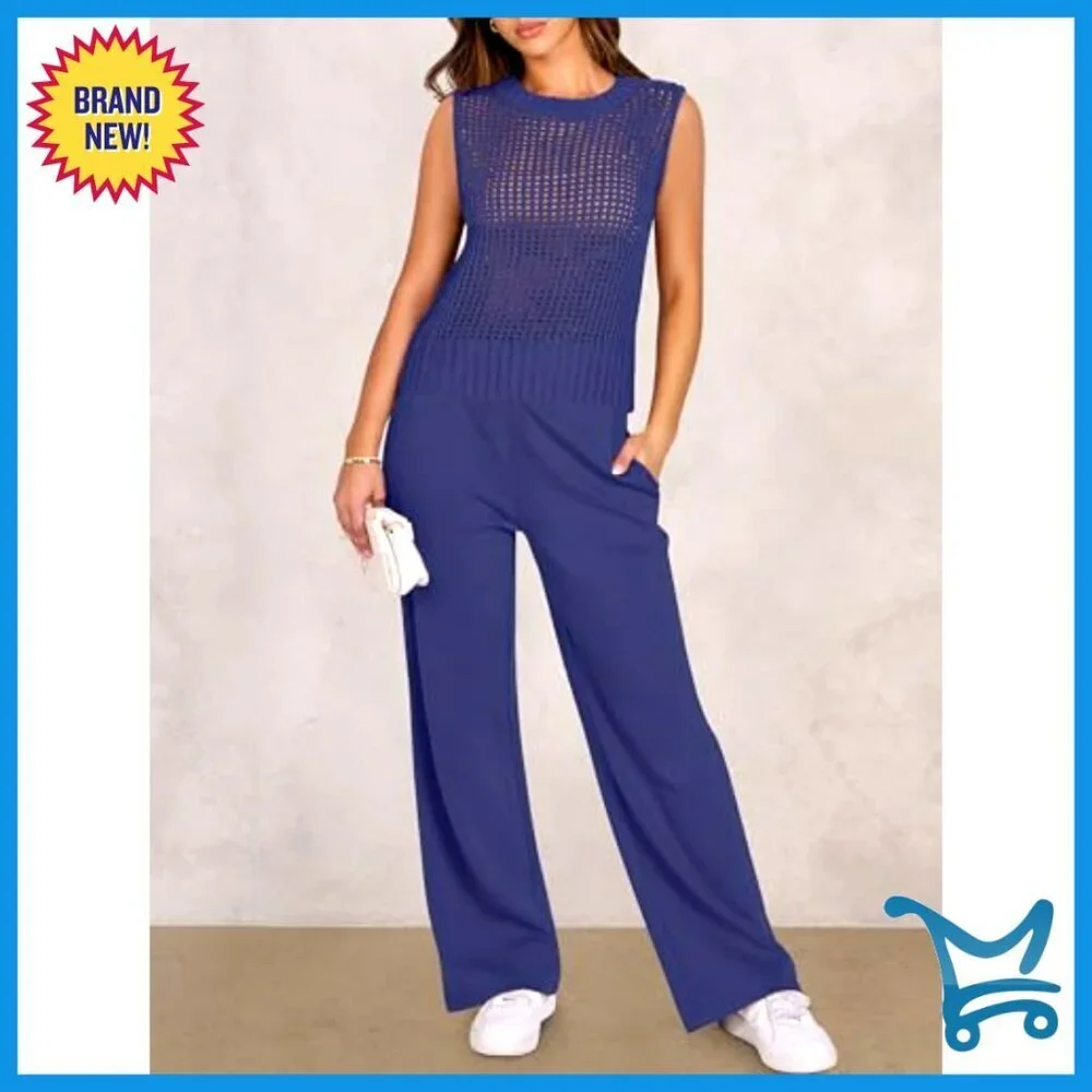 Crochet Sweater Vest Wide Leg Pants Matching Set S M L XL